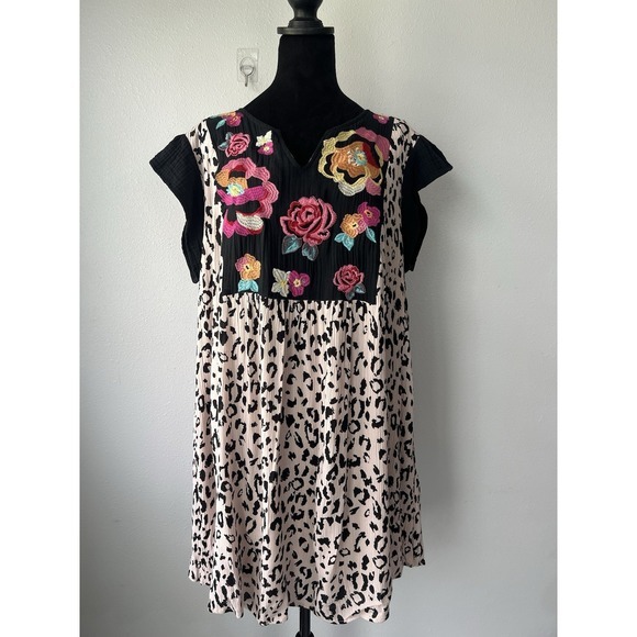 Savanna Jane Leopard Shift Dress Embroidered Cheetah Flowers Boho Plus Size 1X - Picture 2 of 14